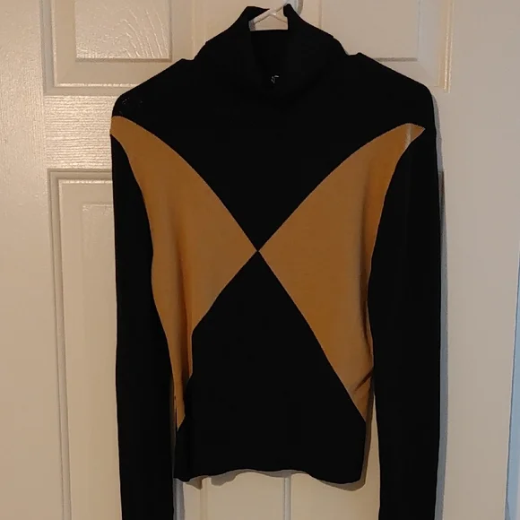 Retro Black and Tan Cowl Neck Sweater Women's Medium (runs Small) Bodycon Y2K - Picture 2 of 6